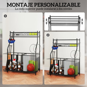 Organizador de Equipos Deportivos, Almacenamiento de Bolas de Garaje con Cesta, Ganchos Extraibles y Bandas Elásticas, Soporte para Balones de Baloncesto, Fútbol, para Casa Gimnasio o Escuela