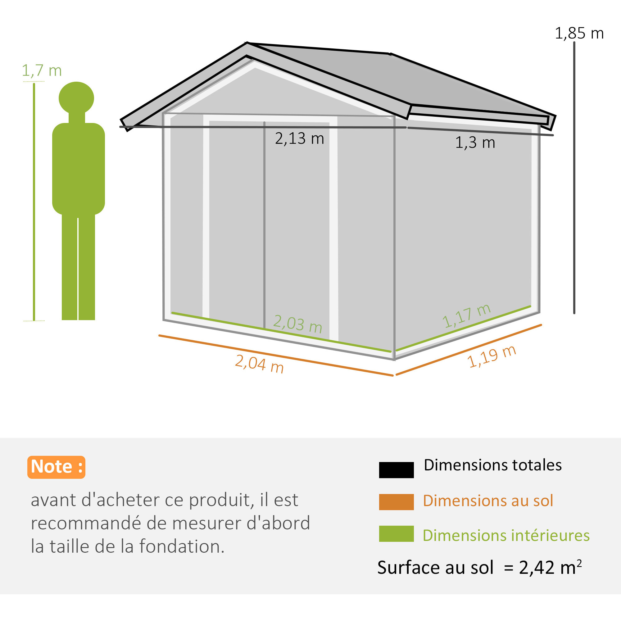 Abri de jardin - cabanon porte verrouillable - 213 x 130 x 185 cm - tôle d'acier anthracite
