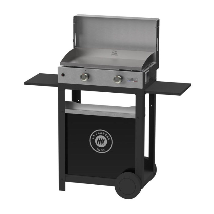La Plancha Inox Duo Edition : Plancha 260 Gaz + Chariot Noir + Couvercle Inox+ Porte Épices Et Rideau - LE MARQUIER