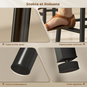 Ensemble table de bar avec tabourets, table à manger debout avec 2 chaises de bar rond avec repose-pieds, avec étagères de rangement, casiers à vin, porte-verres, effet bois naturel
