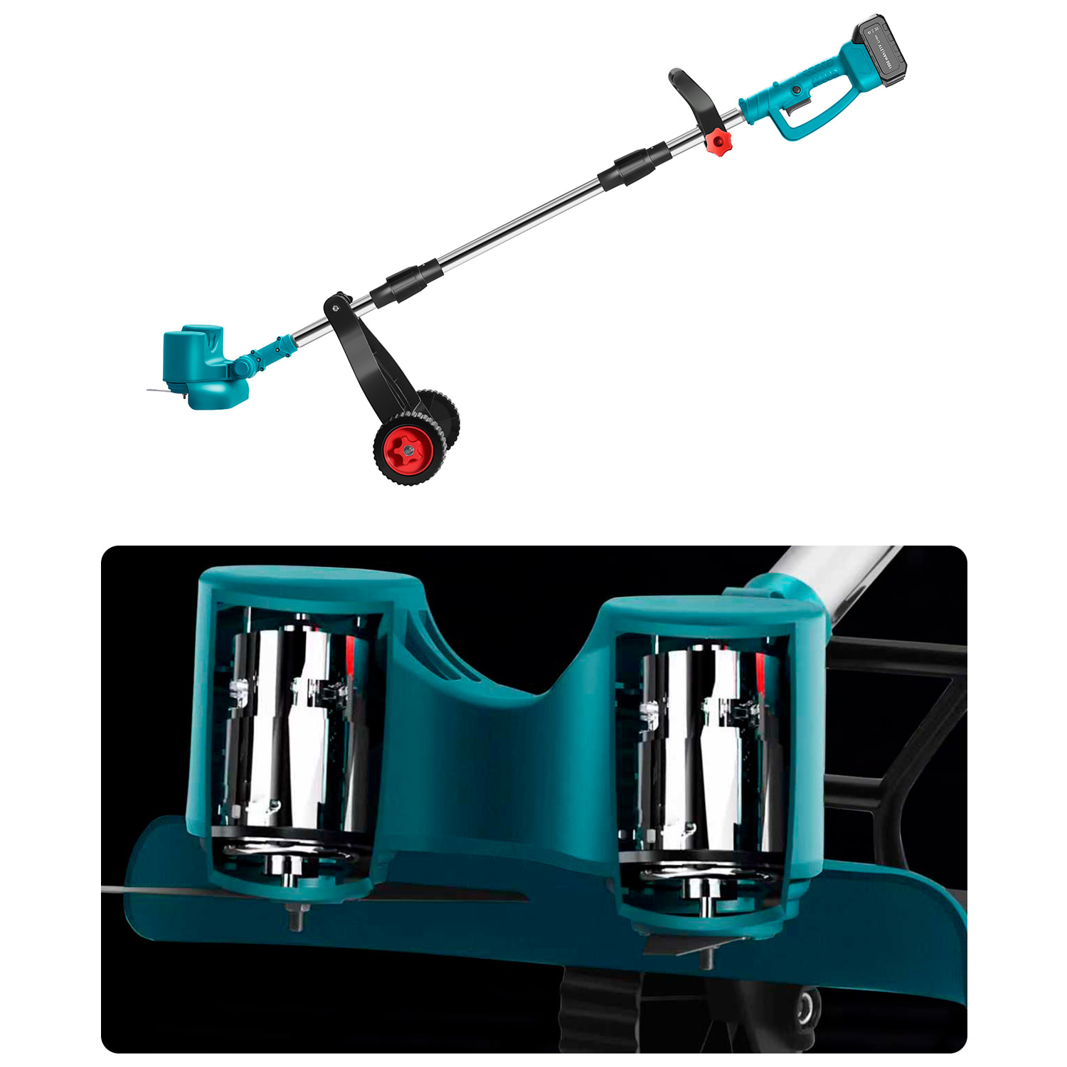 Desbrozadora 21V con 15000rpm, 650W de potencia y doble batería de 15000mAh. Con ruedas extraíbles.