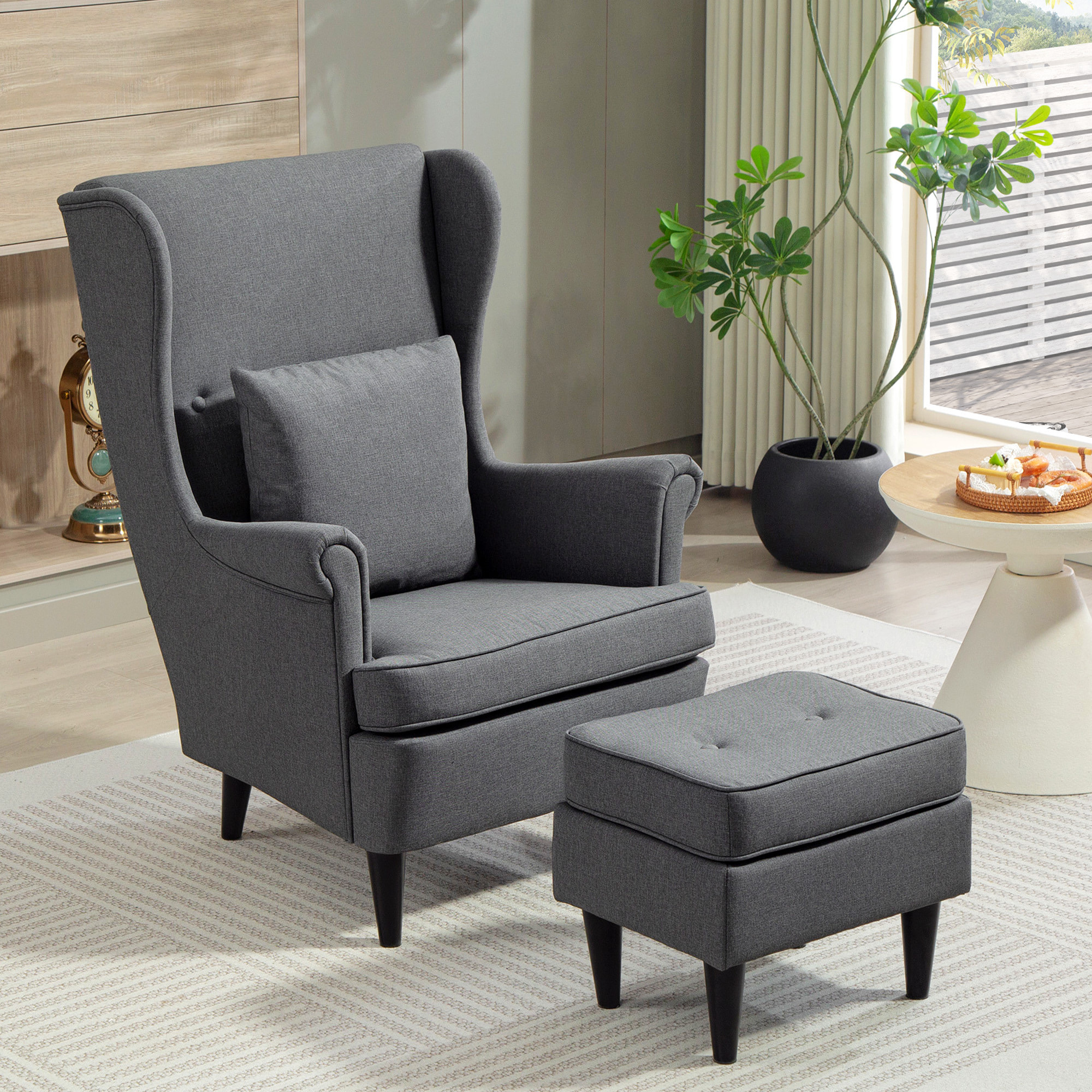 Sillón con Reposapiés Sillón Lectura con Respaldo Alto Capitoné Patas de Madera Almohada Acolchada y Tapizado en Lino Butaca para Salón Dormitorio Oficina Gris Oscuro