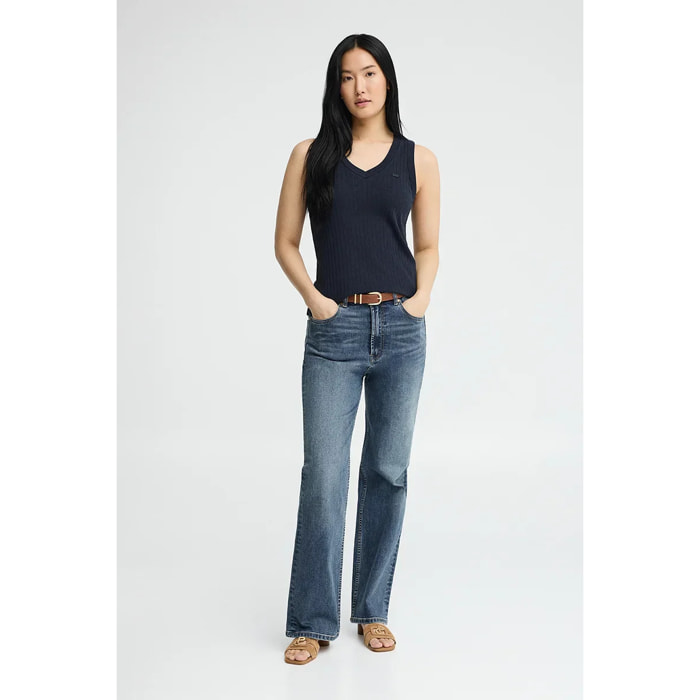 Canotta blu marino a coste con scollo a V e logo Polo Club