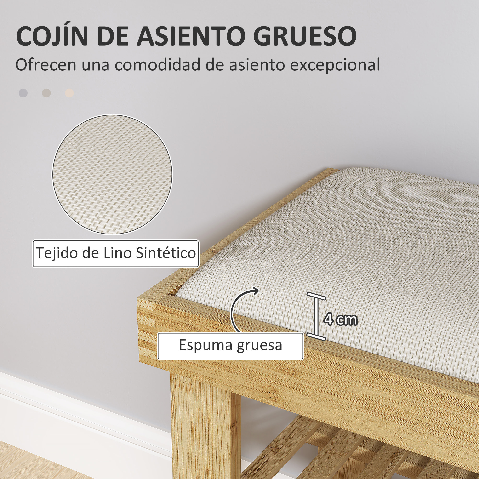 Banco Zapatero de Bambú Zapatero con Asiento Acolchado 2 Estantes para 6 Pares de Zapatos para Entrada Dormitorio 60x29x49 cm Natural y Crema