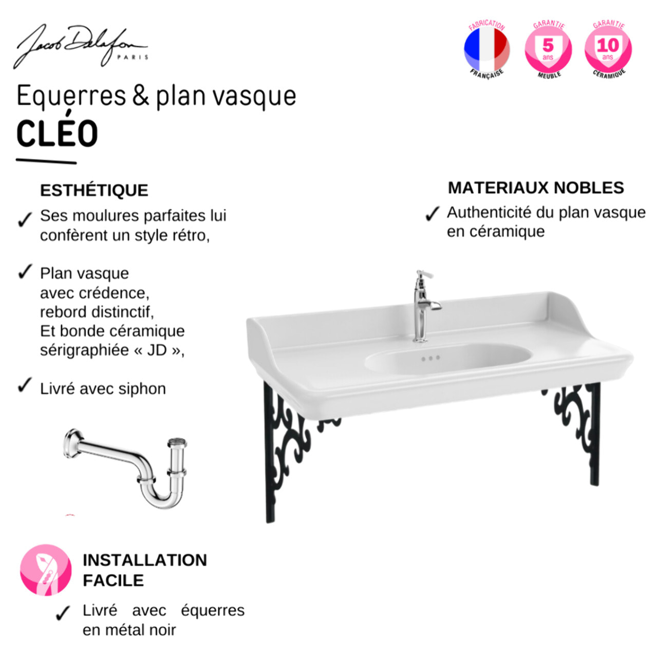 Console Cléo 1889 avec plan vasque + miroir + colonne droite + siphon chromé