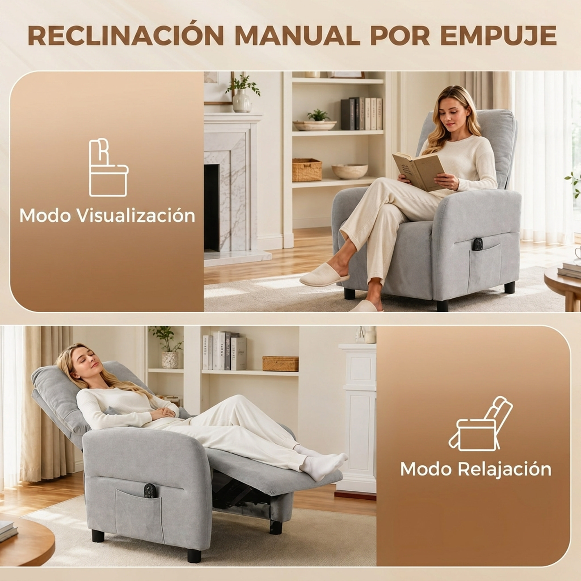 Sillón de Masaje, Sillón Relax Reclinable Manual con 8 Puntos Masaje, Calor Lumbar, Mando a Distancia, Asiento con Muelles, Reposapiés, Cojín Lumbar, Bolsillos Laterales, Tejido de Rizo, Gris