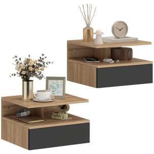 Juego de 2 Mesitas de Noche Flotantes con Cajón, Mesillas de Noche Dormitorio, Montado en la Pared, Estilo Moderno, para Sala de Estar, 35x32x22,5 cm, Roble y Negro