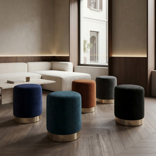 Pouf cilindrico in velluto con base dorata, sgabello imbottito elegante e resistente, seduta compatta salvaspazio, ideale per salotto camera ingresso e toeletta, design moderno glamour e versatile