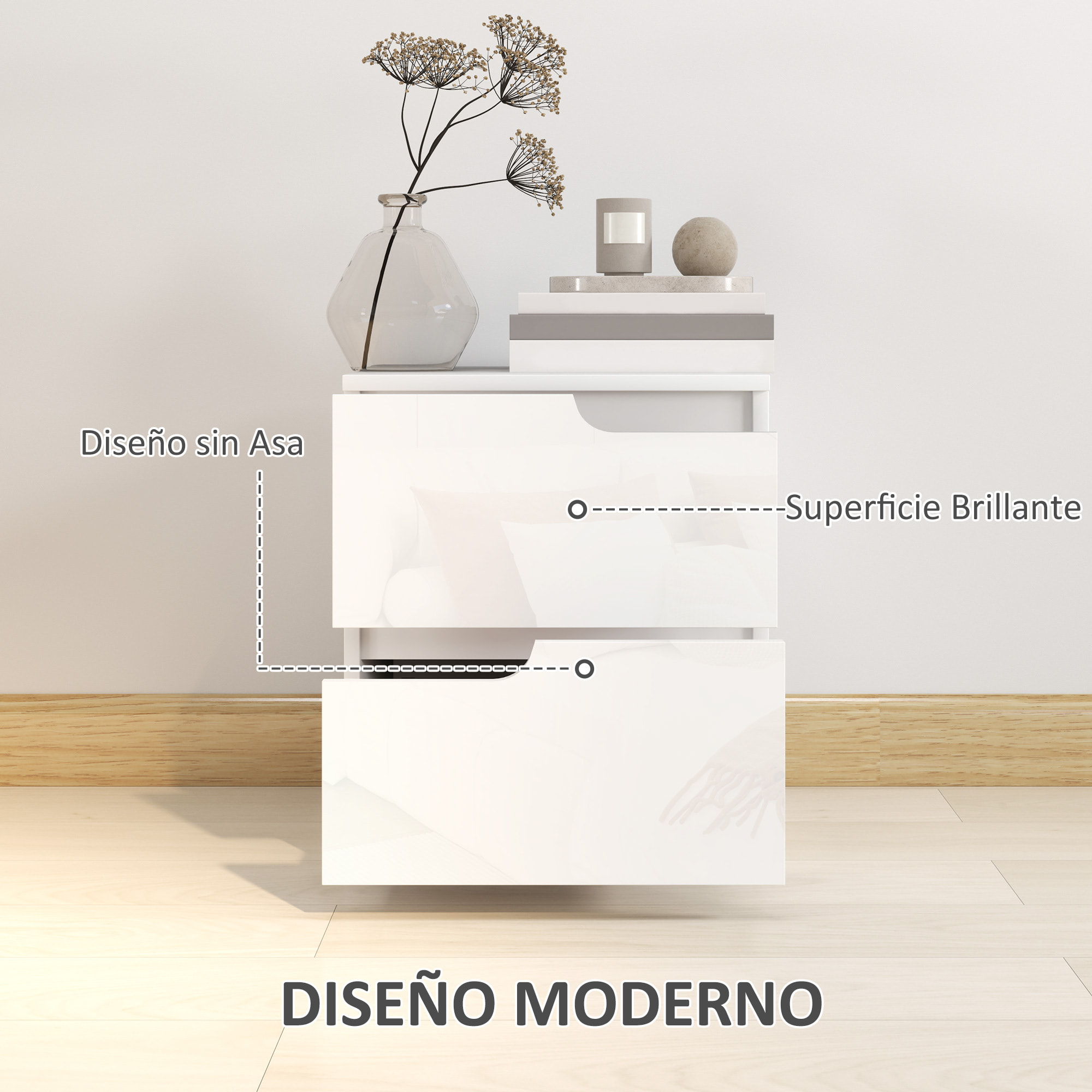 Mesita de Noche Moderna Mesilla de Noche con Cajones con Frontal Blanco Brillante y Almohadilla Mesa Auxiliar para Dormitorio Salón 40x40x48 cm Blanco