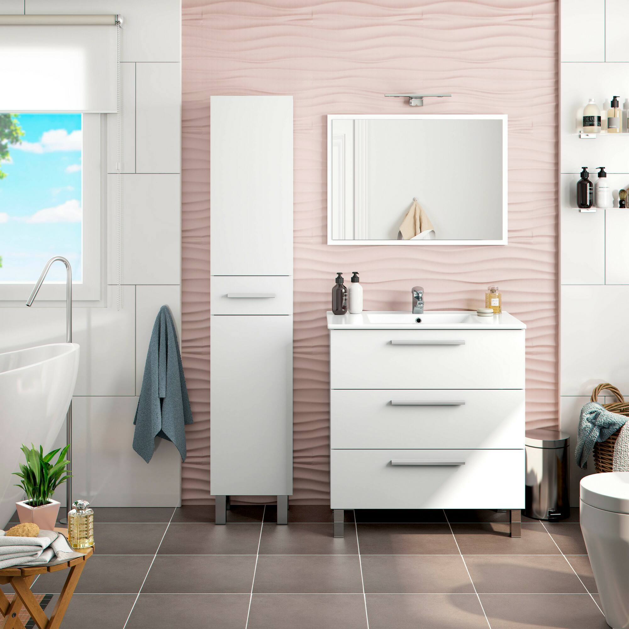 Mobile colonna Alka, Pensile bagno con 2 ante e 1 cassetto, Armadio alto, 35x31h182 cm, Bianco lucido