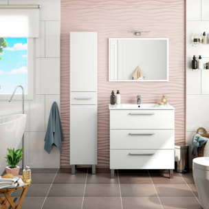 Mobile colonna Alka, Pensile bagno con 2 ante e 1 cassetto, Armadio alto, 35x31h182 cm, Bianco lucido