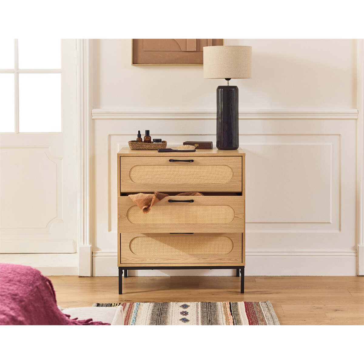 Nagato - commode - cannage et effet bois - 70 cm - Bois