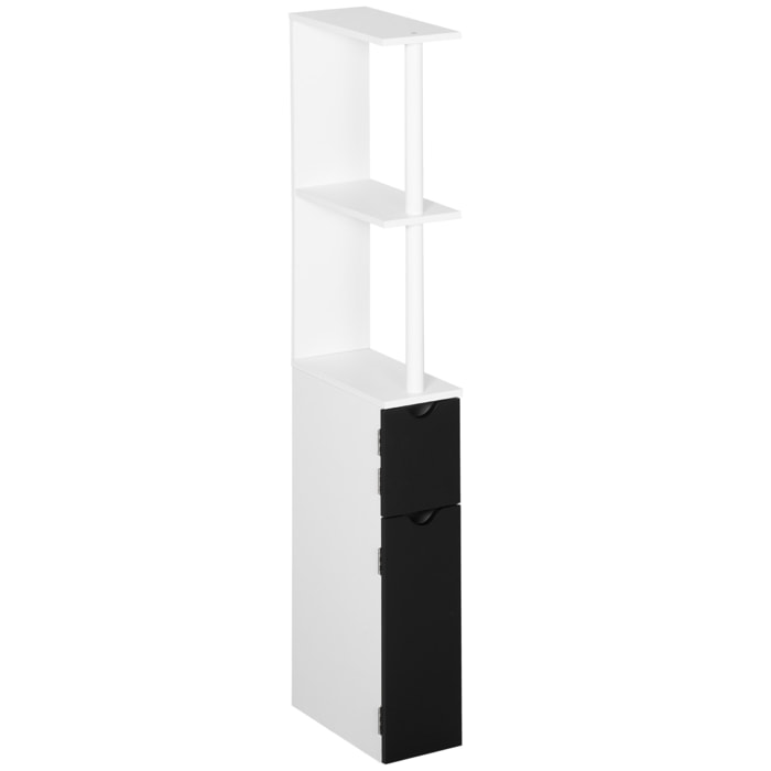 kleankin Armario Alto de Baño con 2 Puertas y 2 Estantes Abiertos Columna Auxiliar de Baño para Salón Aseo Dormitorio Estilo Moderno 15,2x29,8x118 cm Blanco y Negro