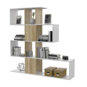 Libreria Pueblo, Mobile portalibri con 7 scomparti, Scaffale moderno da ufficio, Mobile da parete con ripiani, cm 145x29h145, Bianco e Rovere