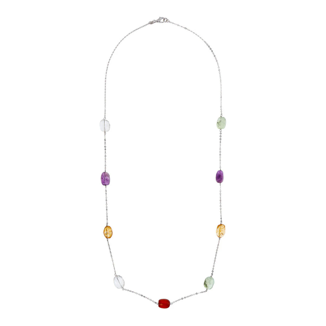 Collana Lunga Catena Rolo con Station in Petra Naturale Quarzo Multicolore in Argento 925 placcato Rodio