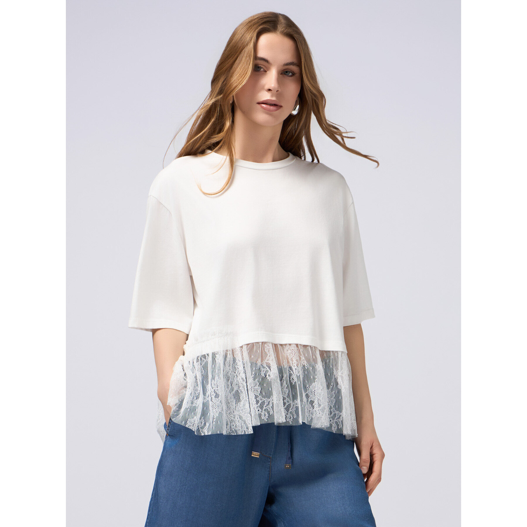 Oltre - T-shirt con inserto in pizzo - Bianco