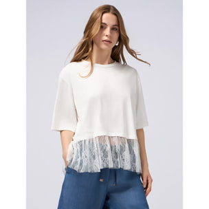 Oltre - T-shirt con inserto in pizzo - Bianco