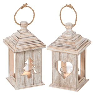 J-Line Lanterne - bois de sapin - beige - assortiment de 2