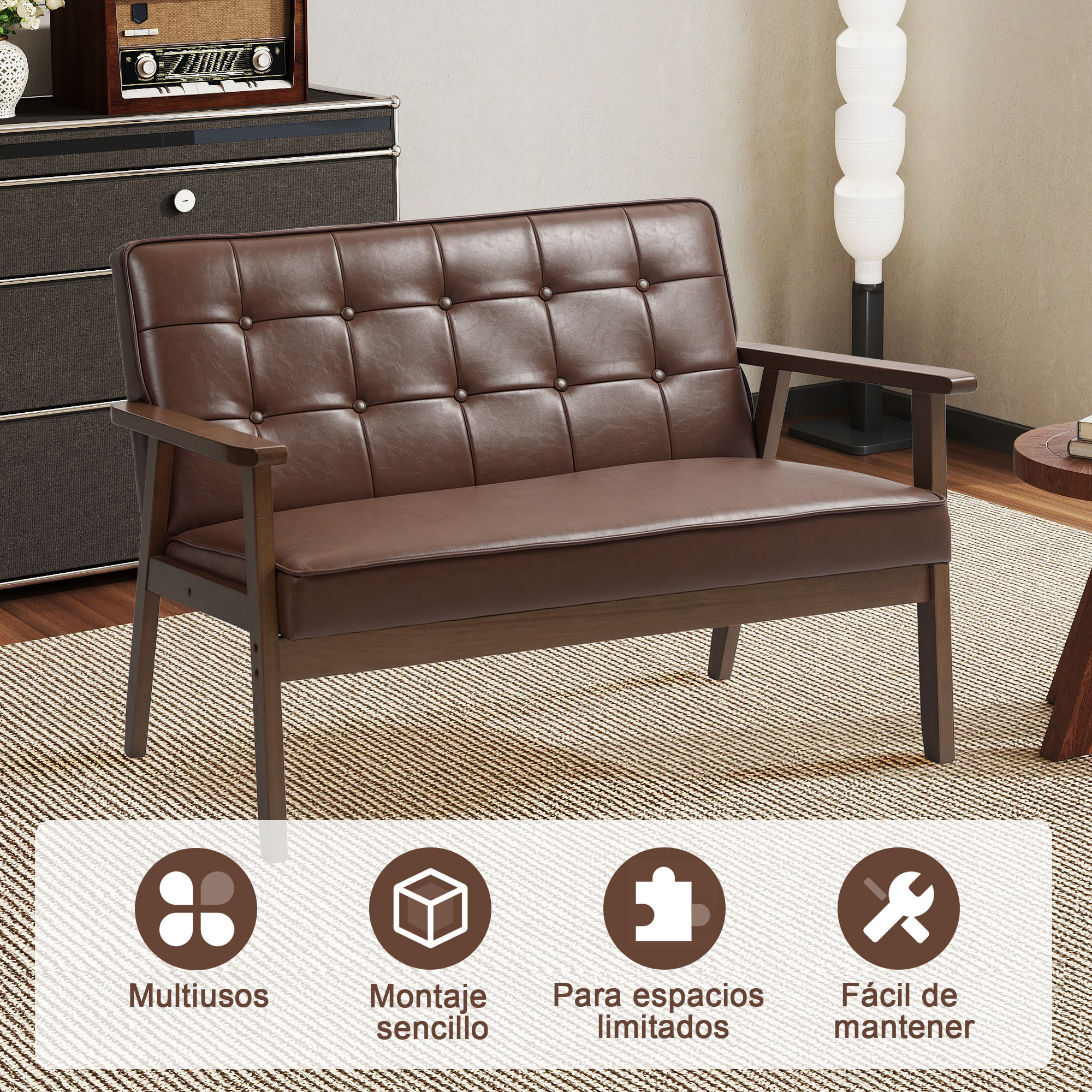 Sofá de 2 Plazas Tapizado en PU Sofá de Salón con Reposabrazos de Madera Respaldo Acolchado Carga 250 kg Sofá Pequeño para Dormitorio Marrón