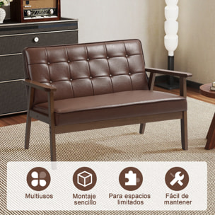 Sofá de 2 Plazas Tapizado en PU Sofá de Salón con Reposabrazos de Madera Respaldo Acolchado Carga 250 kg Sofá Pequeño para Dormitorio Marrón