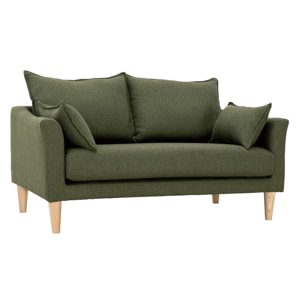 Canapé scandinave 2 places en tissu vert kaki et bois clair KATE
