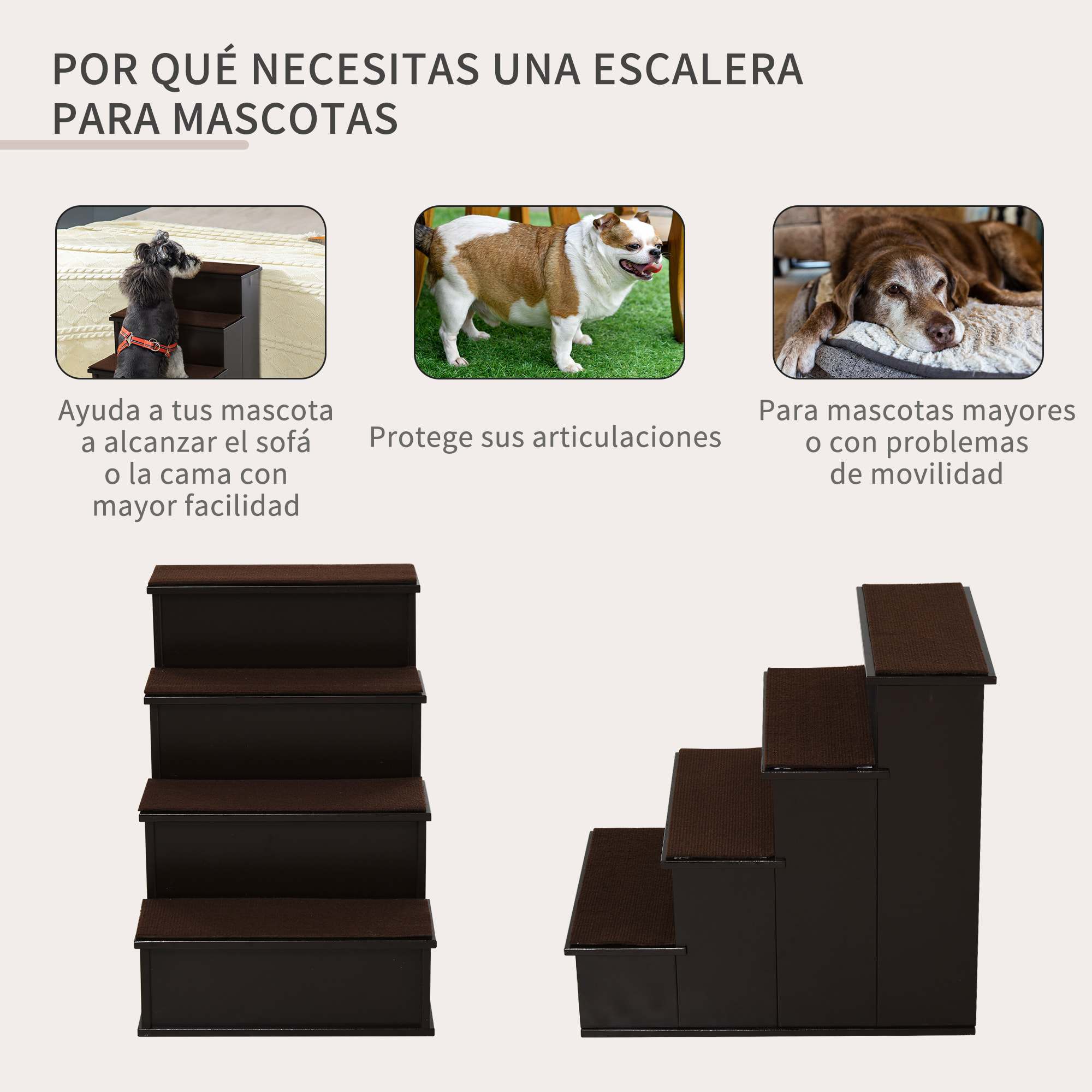 Escalera para Perros de 4 Peldaños Escalera para Mascotas Escalones para Perros Gatos con Acolchados Desmontables Carga 30 kg para Cama Sofá 40x59x54,2 cm Marrón Oscuro