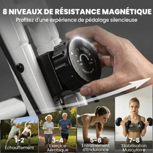 Vélo d'appartement pliable 3-en-1 classique semi-allongé bandes de résistance blanc
