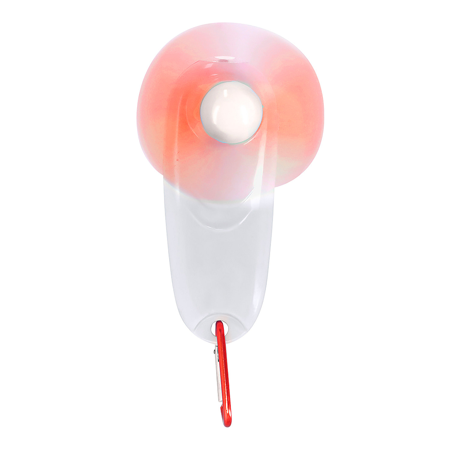 Ventilador portátil con linterna LED integrada y mosquetón para transporte.