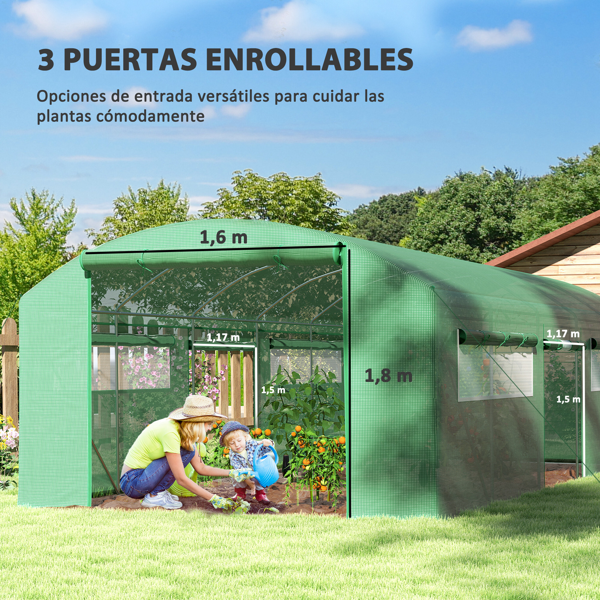 Invernadero de Exterior 6x3x2 m Invernadero de Túnel con 6 Ventanas de Malla Cubierta de PE Anti-UV y 3 Puertas Enrollables con Cremallera Invernadero para Jardín Patio Verde