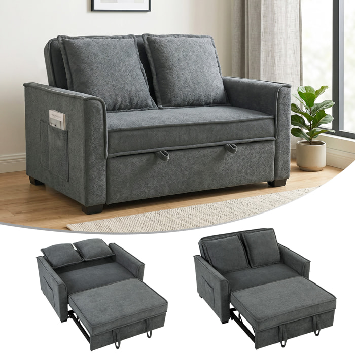 Sofá Cama 2 Plazas 3 en 1, Sofá Cama de Tejido Rizo con Respaldo Ajustable 3 Niveles, Bolsillos Laterales, 2 Almohadas con Fundas Extraíbles para Sala de Estar, Espacios Pequeños, Gris Oscuro