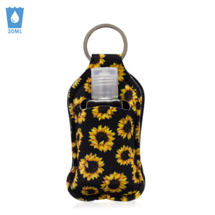 Portachiavi bottiglia disinfettante per le mani alcool ricaricabile 30ml tessuto design girasole nero.