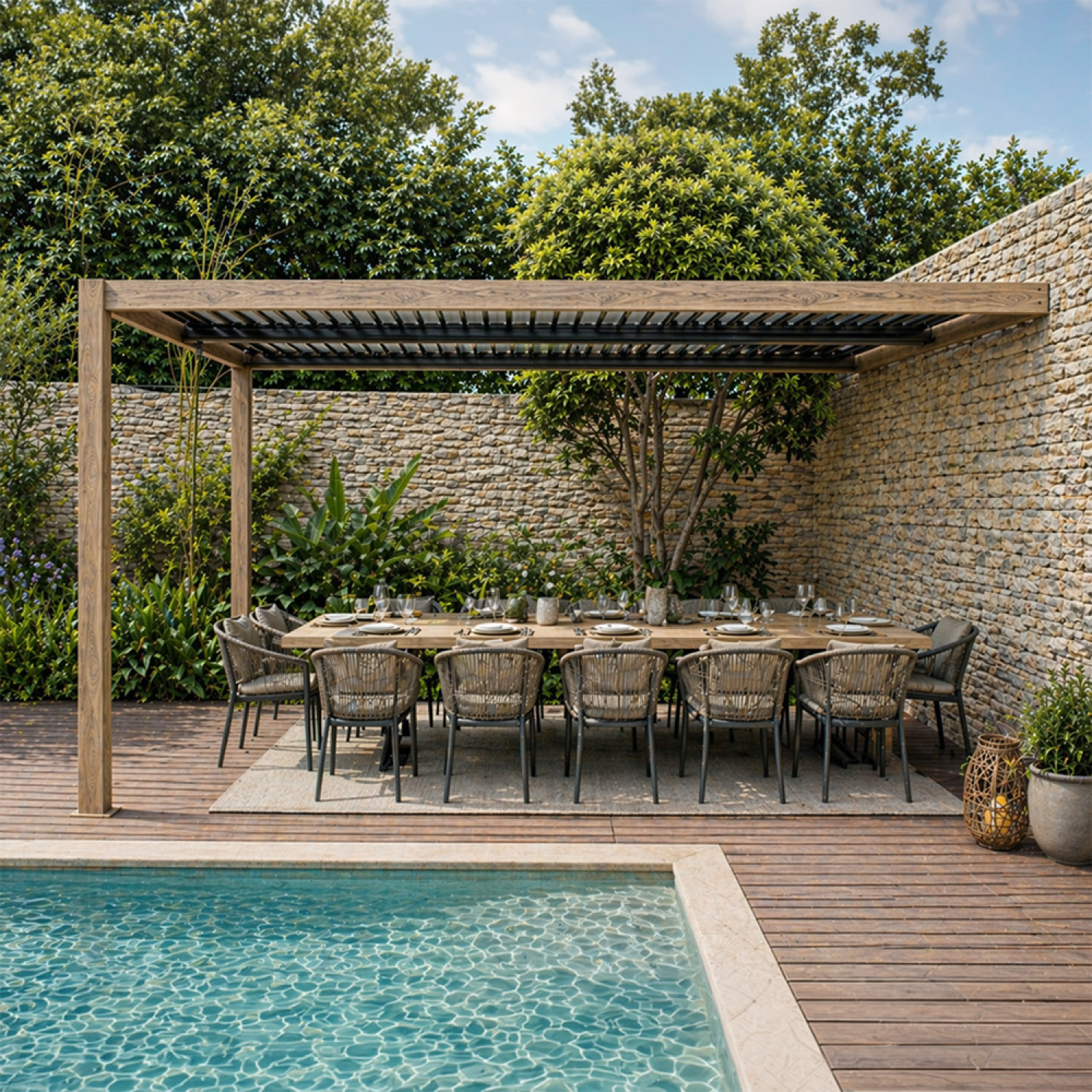 Pergola bioclimatique 4x3m adossée effet bois PANAGIA