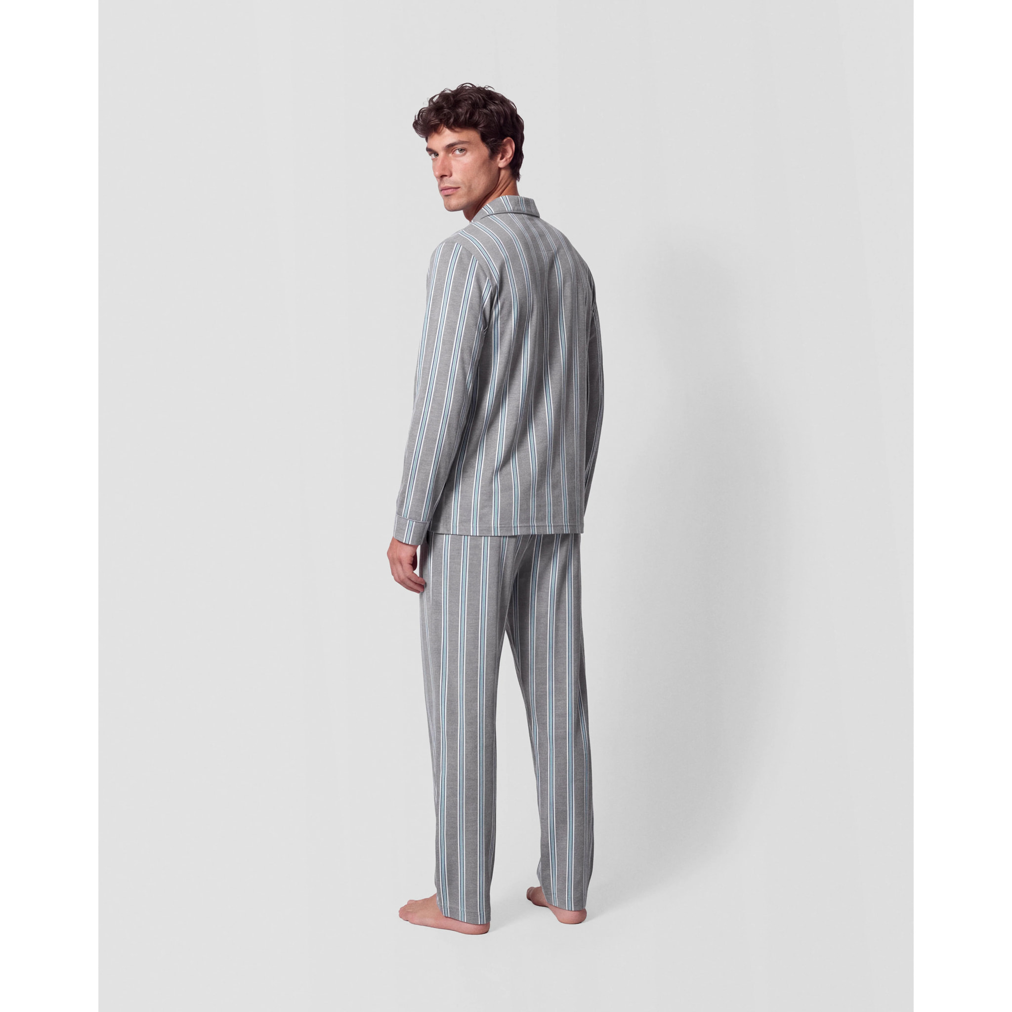Pijama largo camisero algodón raya talea azul verde