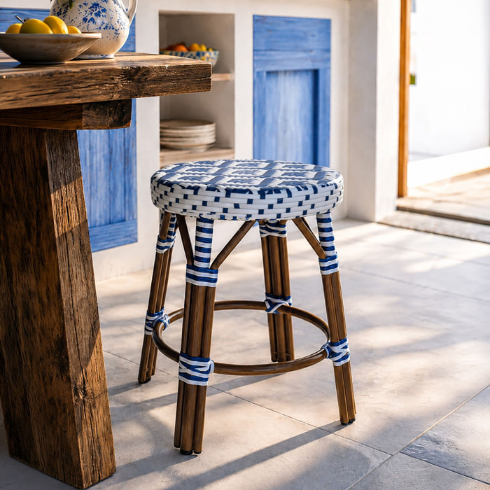 Tabouret bas en aluminium effet rotin bleu SCALA