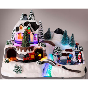 Pueblo navideño para decoración con escena en movimiento y luces led 37x22,5x25,7cm