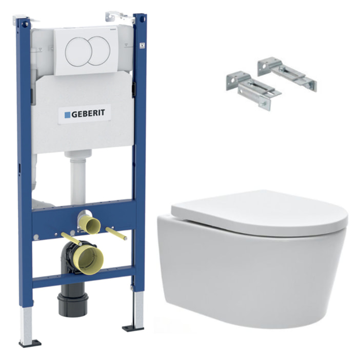Pack WC sans bride SAT, fixations invisibles + Abattant softclose + Bâti support Geberit UP100 + Plaque blanche