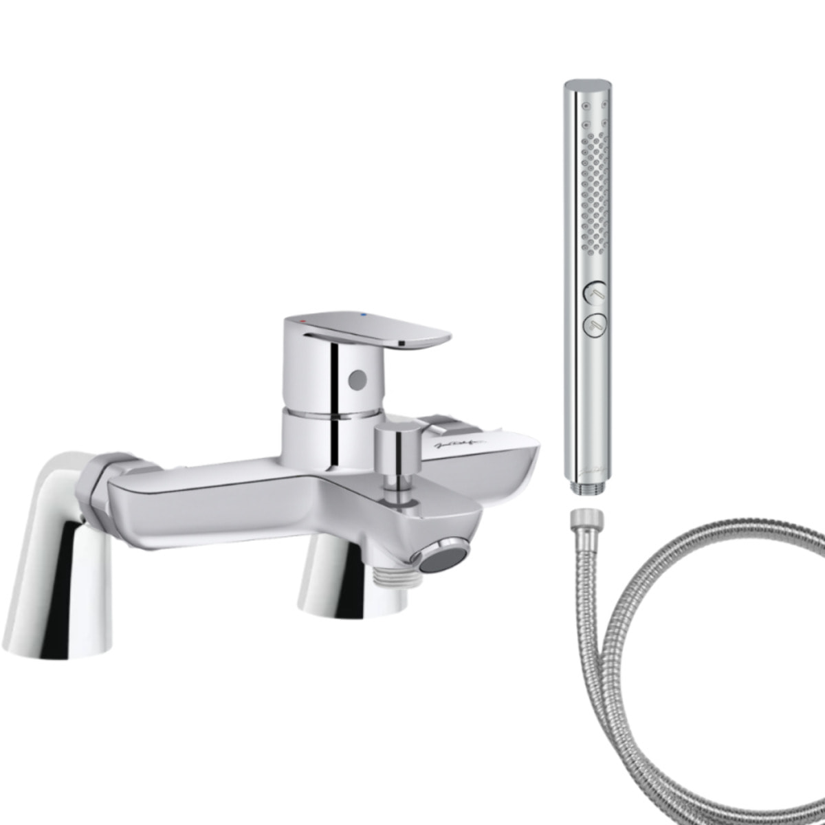 Mitigeur baignoire July+ + pommeau de douche Shift+ rond + flexible de douche métal + colonnettes
