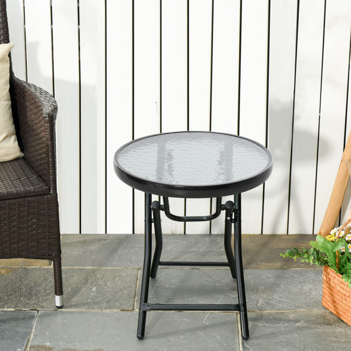 Table basse ronde bistro de jardin Ø 45 x 50H cm pliable métal époxy noir plateau verre trempé