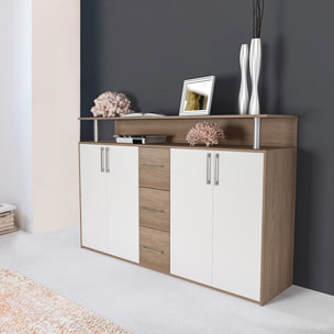 Credenza Comò Con 3 Cassetti 4 Ante Battenti 1 Ripiano Aperto A Giorno Mobile Mobiletto Soggiorno Ingresso Salotto 139 x 90 x 34 Cm Bianco Rovere