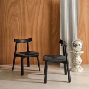 Lot de 2 chaises scandinaves en bois d'hévéa noir et assise en corde noire