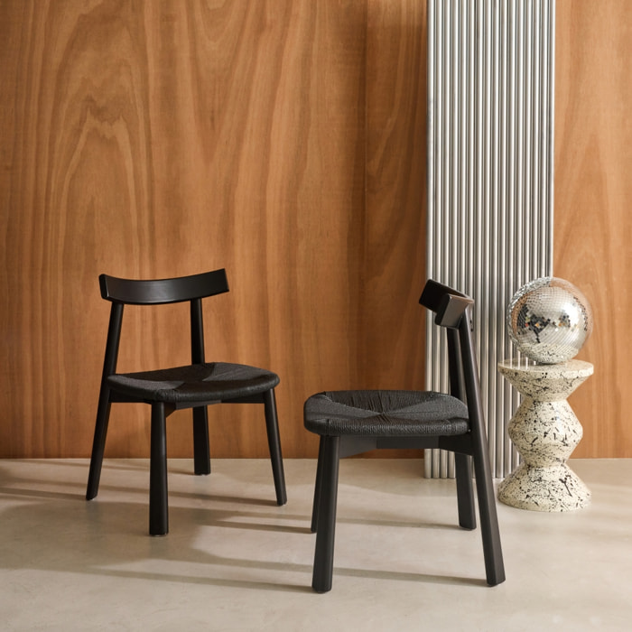 Lot de 2 chaises scandinaves en bois d'hévéa noir et assise en corde noire