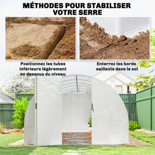 Serre tunnel de jardin 18 m² porte 12 fenêtres enroulables acier PE blanc