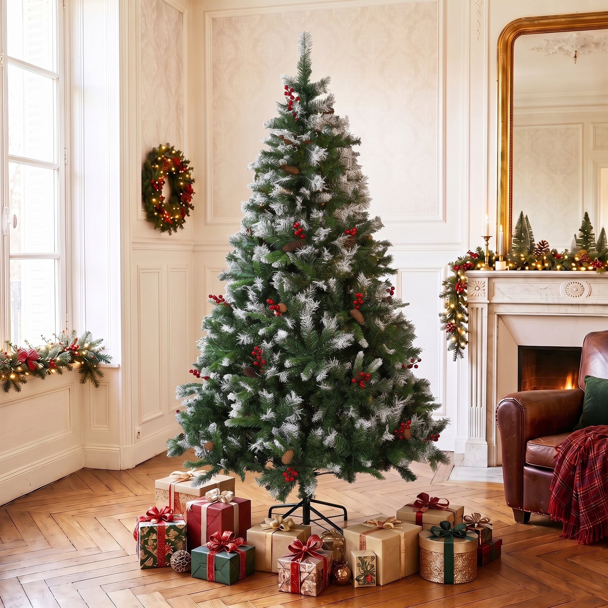 HOMCOM Árbol de Navidad 180 cm, Árbol de Navidad Artificial Nevado con 840 Ramas, Bayas Rojas, Piñas, Base de Acero Plegable, Montaje Rápido, Decoración Navideña para Salón, Interior, Verde