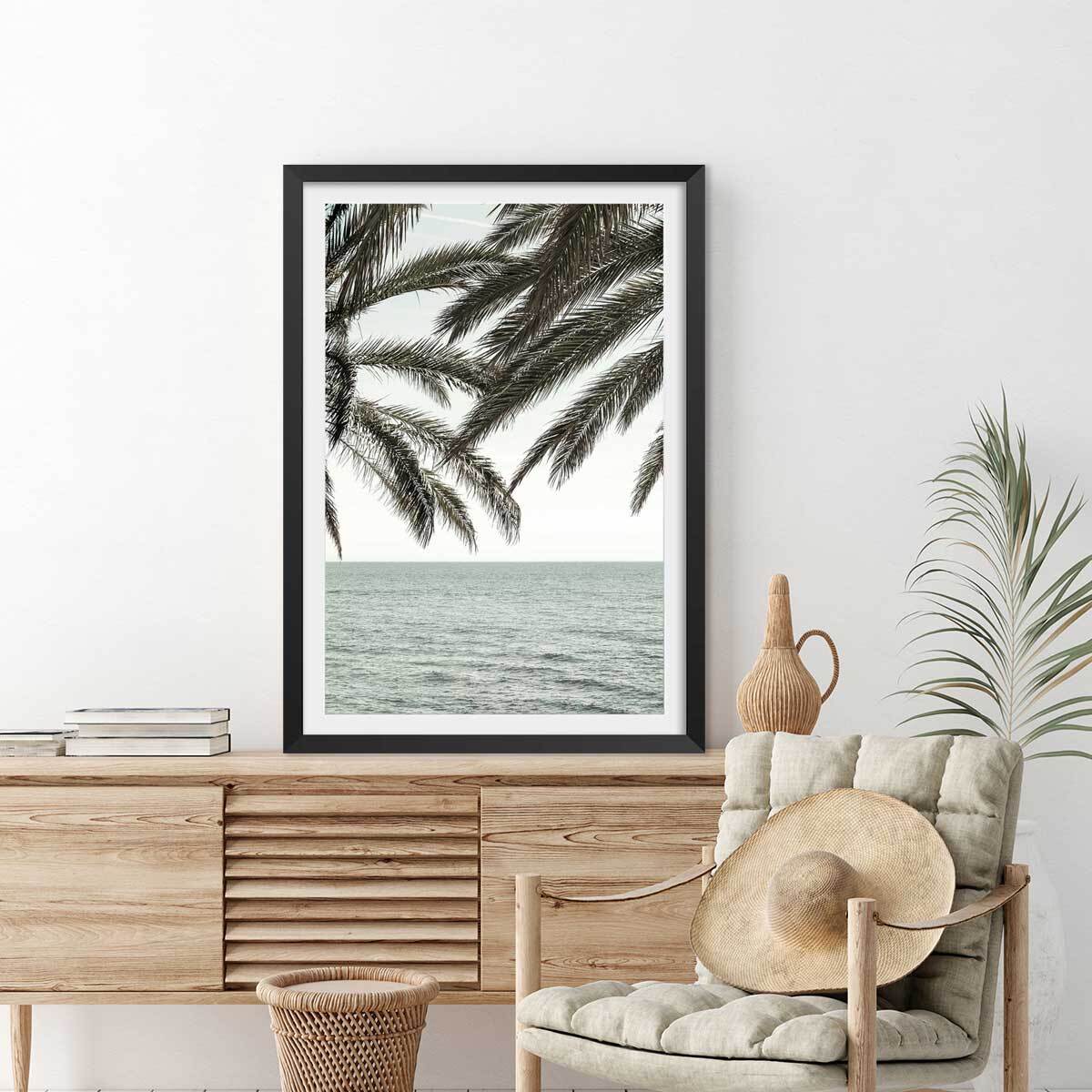 Poster plage tropicale secrète Affiche + cadre en bois - Noir