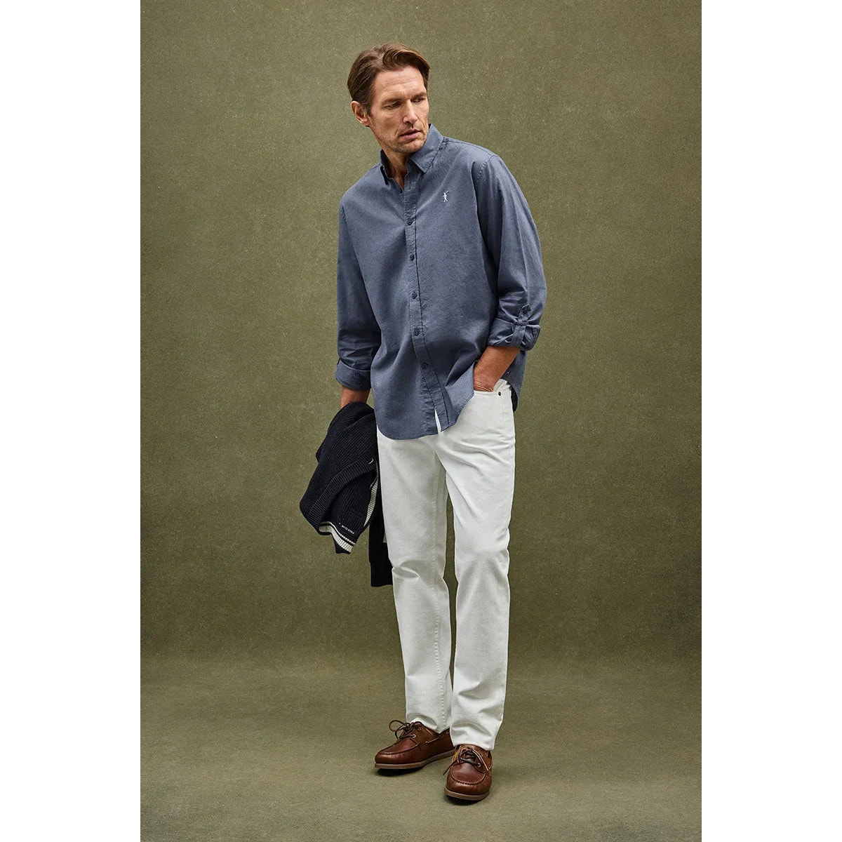 Camicia cotolino blu denim regular fit con logo Rigby Go