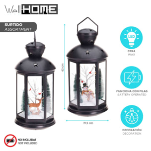 Farol navideño decorativo con escena interior y led blanco cálido 21,5x21,5x43cm