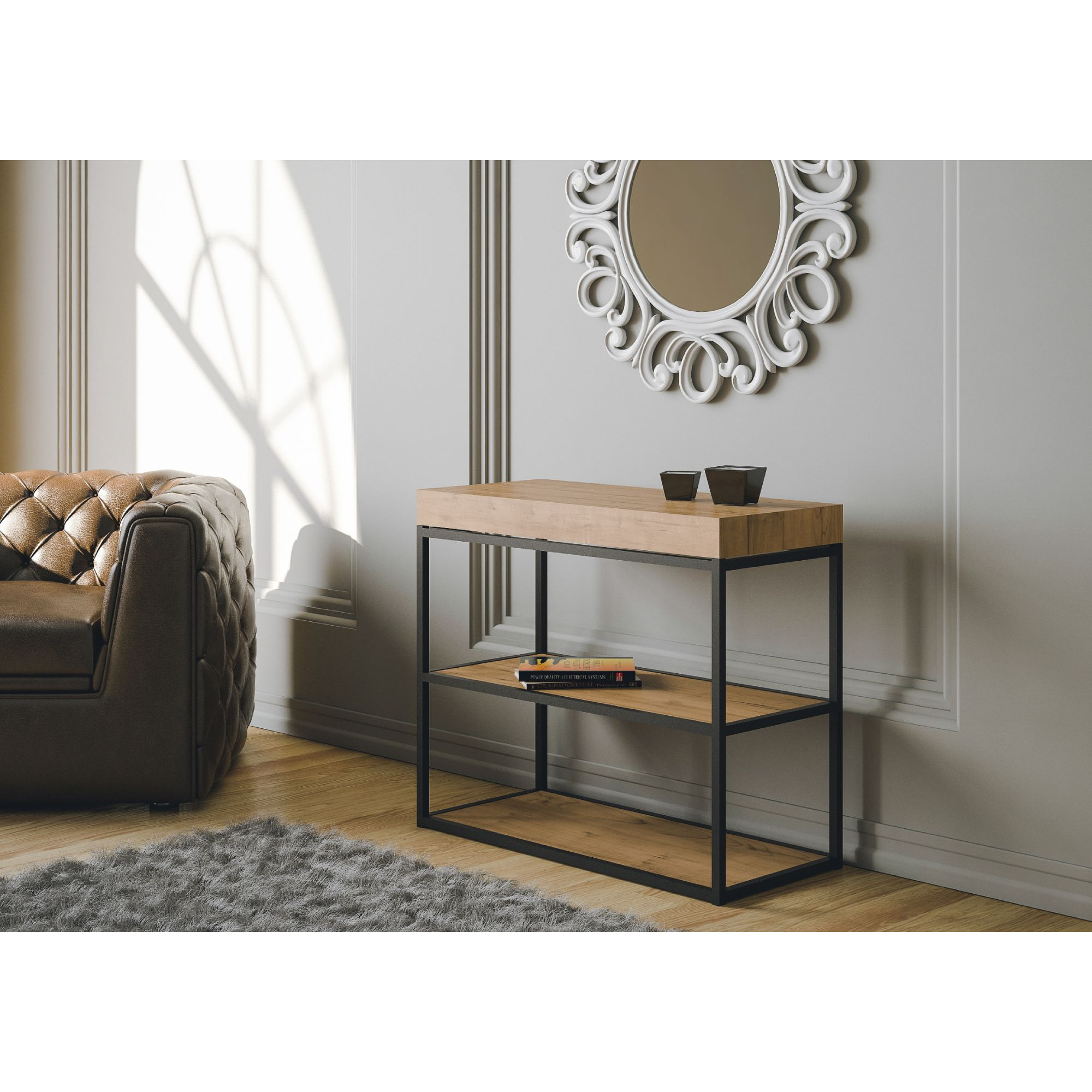 Console extensible 90x40/196 cm Plano Small Premium Chêne Nature cadre Anthracite