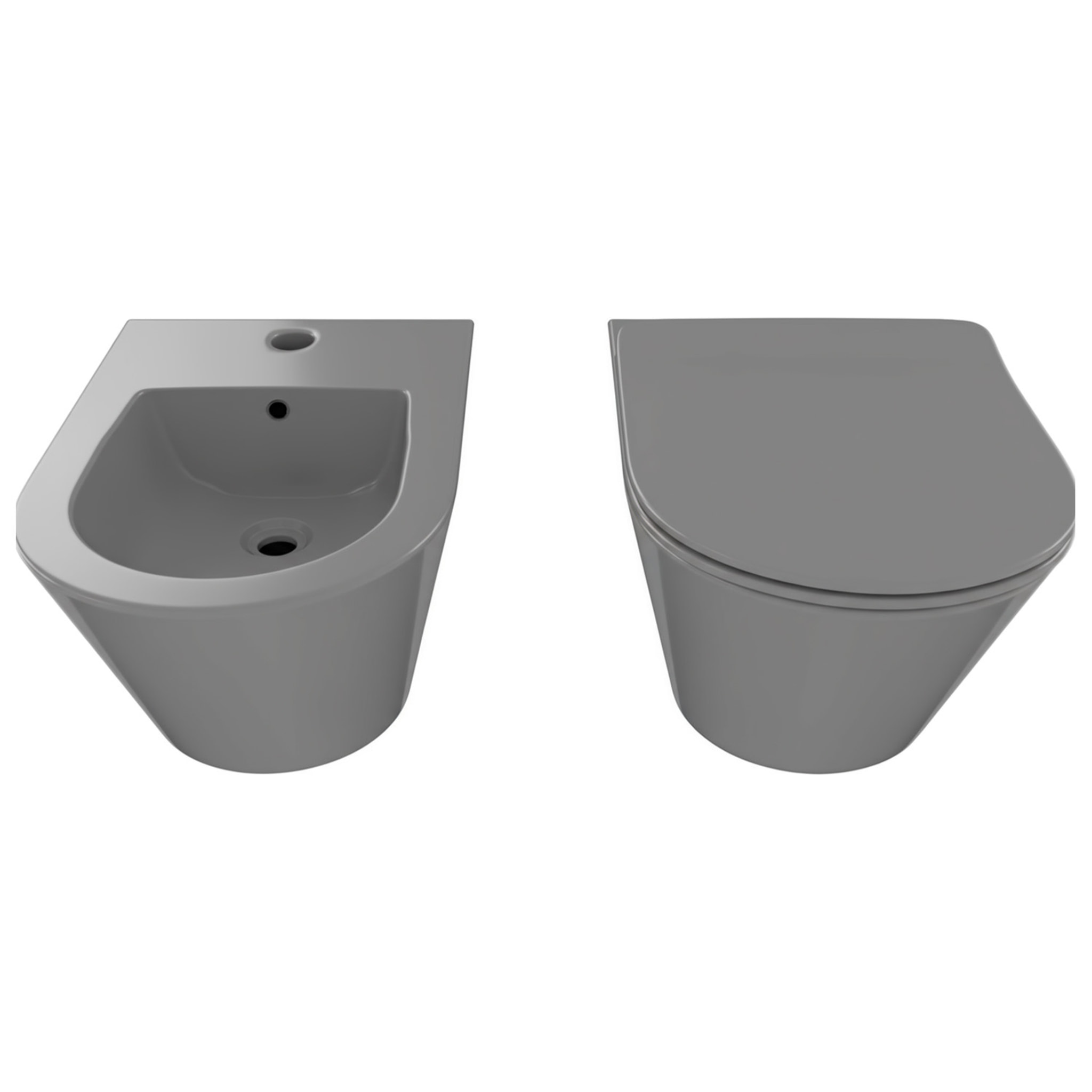 Coppia Sanitari Sospesi Vaso WC Rimless Con Tornado Flush E Bidet Sospeso Moderno Tondo In Ceramica Con Copriwater Chiusura Soft Close Grigio Opaco