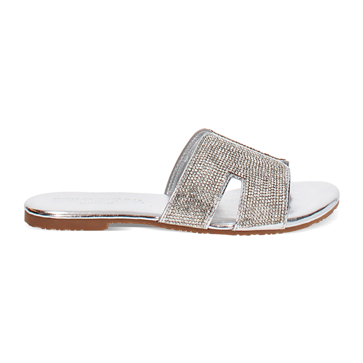 Sandaletto con tomaia laminata in strass color argento