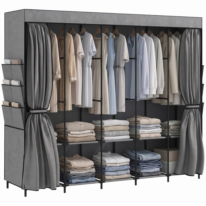 HOMCOM Armario de Tela, Armario Ropero con 5 Barras, 5 Estantes, 6 Bolsillos Laterales, Cremallera, Marco de Acero, para Dormitorio, Espacio Pequeño, 212x45x167 cm, Gris